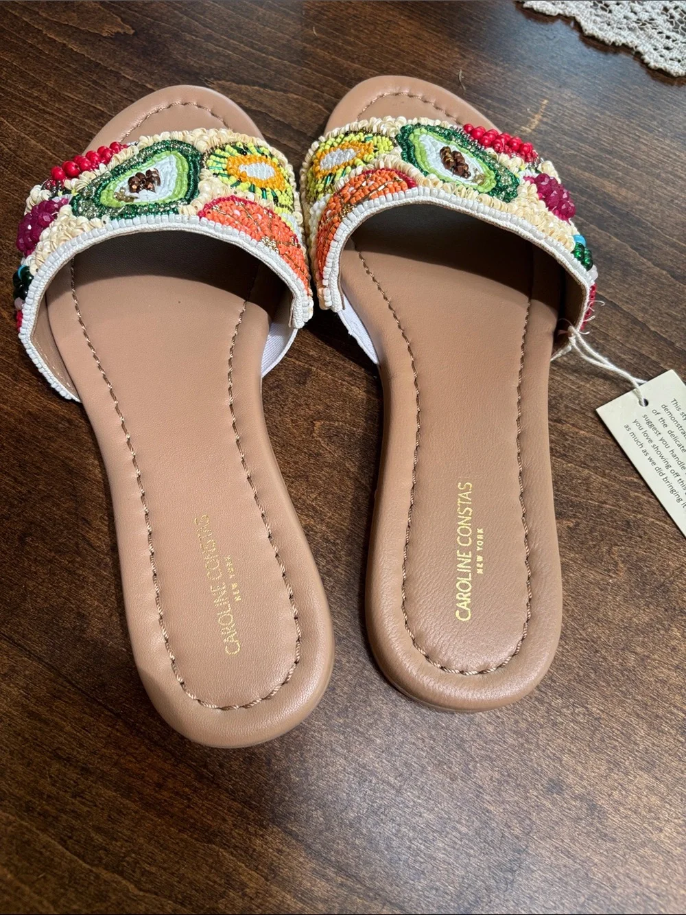 Caroline Constas Tan Slide Sandals with Multicolor Beaded Fruit Motif